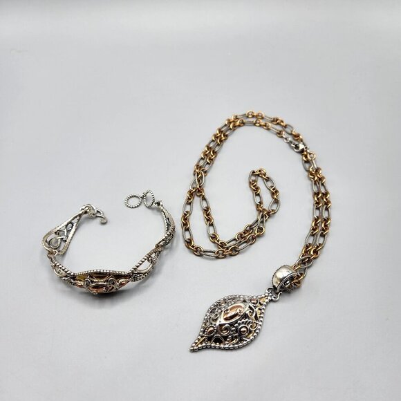 Carolyn Pollack 925 Brass Copper Necklace Bracelet Set Filigree Teardrop Silver - Picture 1 of 15
